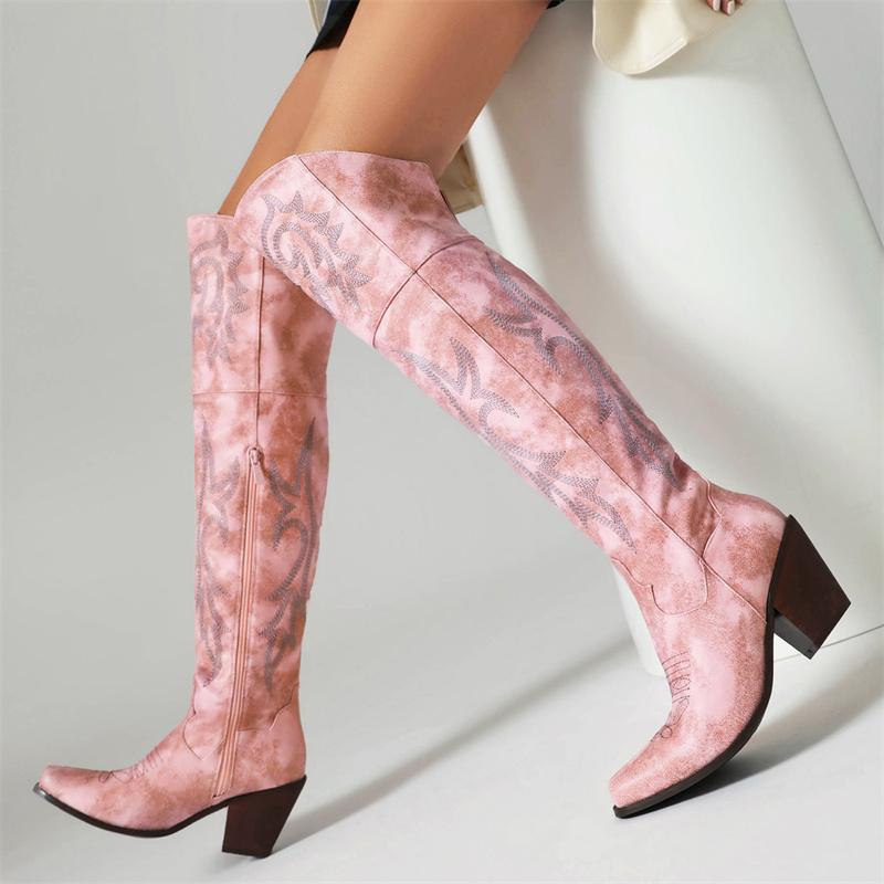 Western Women's Knee High Boots Sexy Embroidery Cowboy Cowgrils Boots Wedges Heel Red Party Winter Shoes Ladies Large Size 46