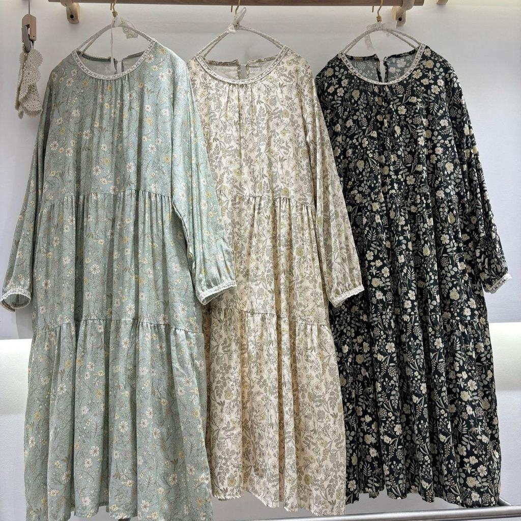 Spring Mori-Style Floral Slimming Pleated Dress, Loose Plus Size, Cotton Linen Long Sleeve