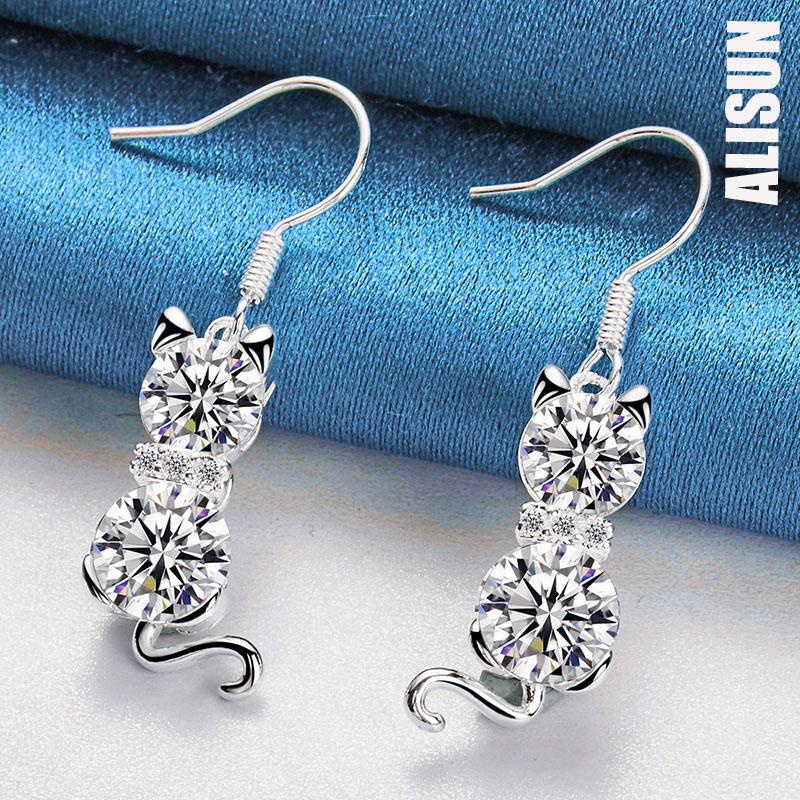 925 Sterling Silver Cat AAA Zircon Pendant Piercing Cercei Bijuterii la modă pentru nuntă