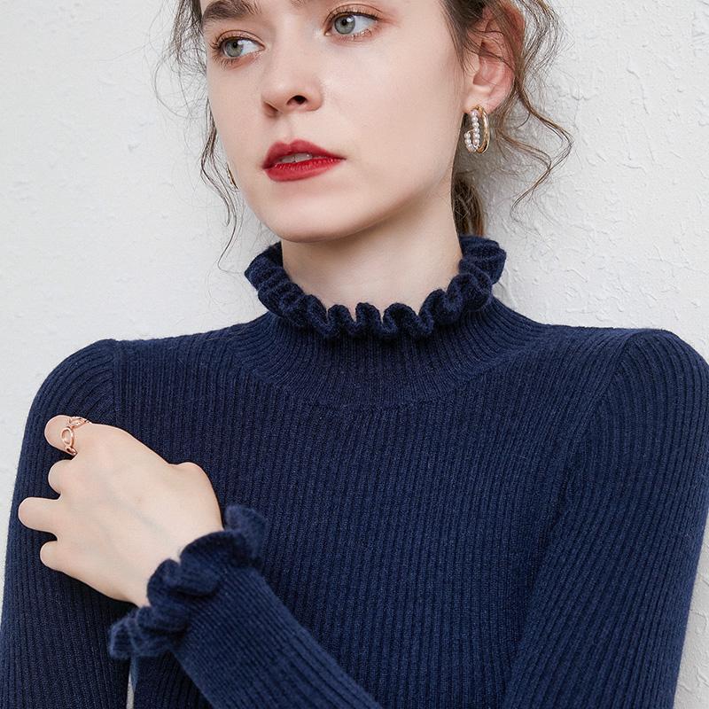 Turtleneck Cashmere Sweater Women Casual Paragraph Floral Collar Long Sleeve Sweater Solid Color Pullover Sweater