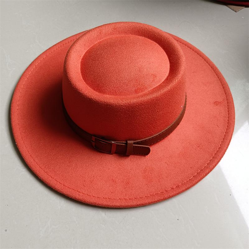 2026 Fedora Hat Winter Round Convex Flat Top Belt Accessories Rose Red Felt Jazz Hat for Men and Women Fedora Gorras