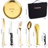 20-Piece Stainless Steel Gold Outdoor Cutlery Set: Steak Knife, Fork, Spoon for Camping and Wilderness.