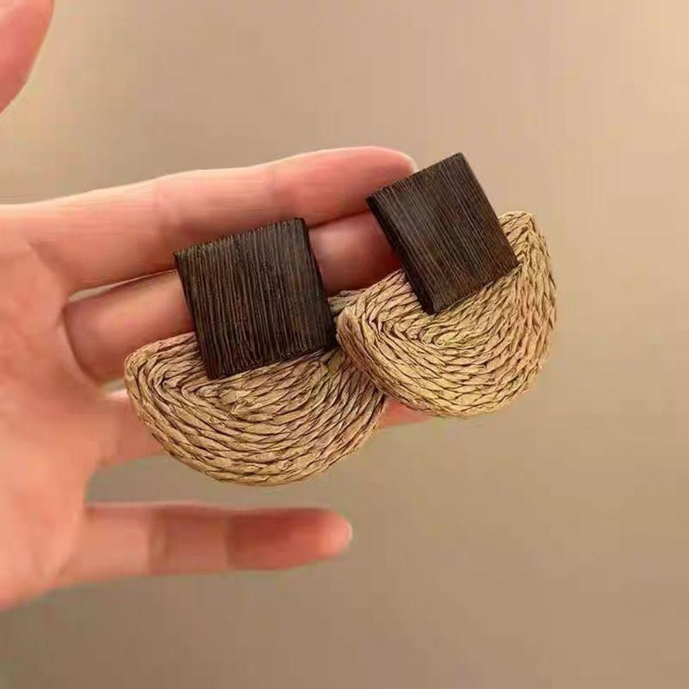 Wood Rattan Weave Earrings Flower Beach Jewelry Retro Bohemian Drop Earrings  Wedding