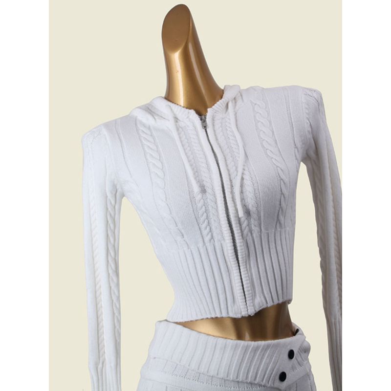 American Sexy Front Zipper Slim Fit Hooded Knitwear Export Cable Stitch Twisted String Hip Shorts Two-piece Set Pack