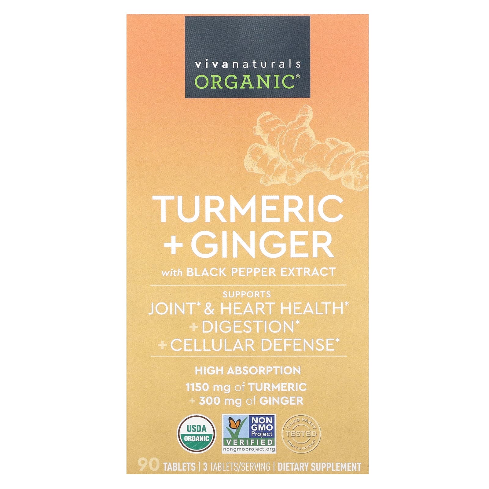 

Viva Naturals, Organic, куркума + імбир, 90 таблеток