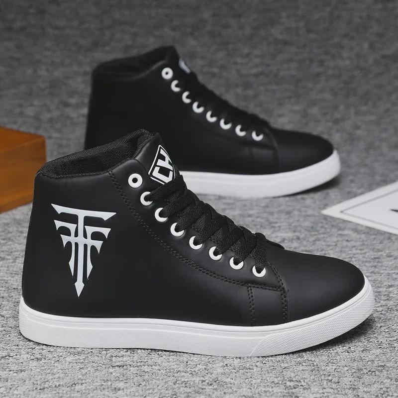 "Men's Large Size High-Top Waterproof Leather Sneakers, Non-Slip, Fashionable White, Size 48, Ideal for Spring and Autumn."