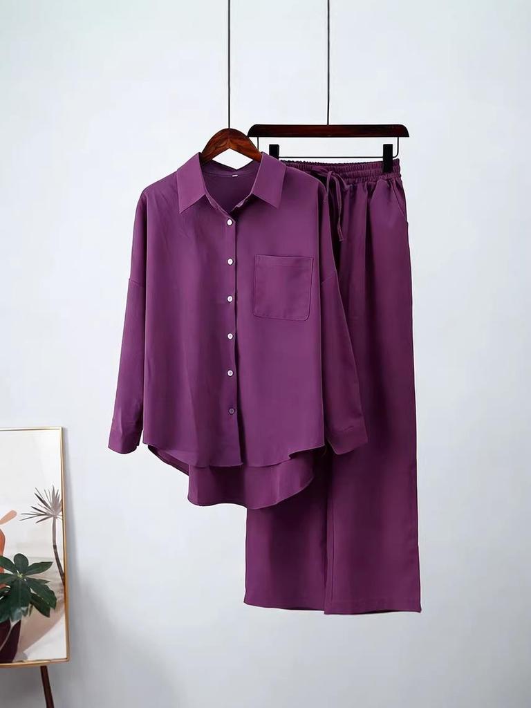 Lightweight Cotton Linen Wide-Leg Pants & Casual Loose Shirt Set - Plus Size, Spring/Autumn