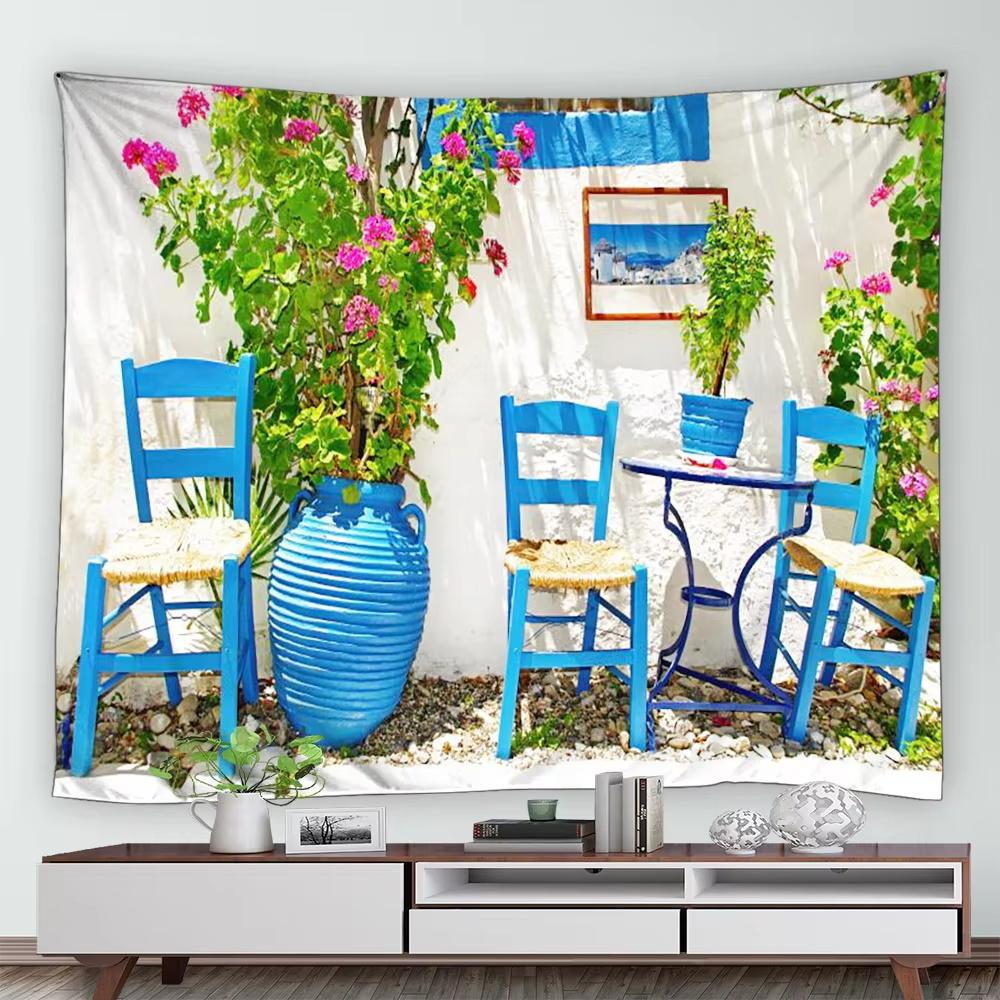 Street Flower Scenery Tapestry Vintage Blue Wooden Door Floral Plants Nature Landscape Home Garden Decor Wall Hanging Picnic Mat