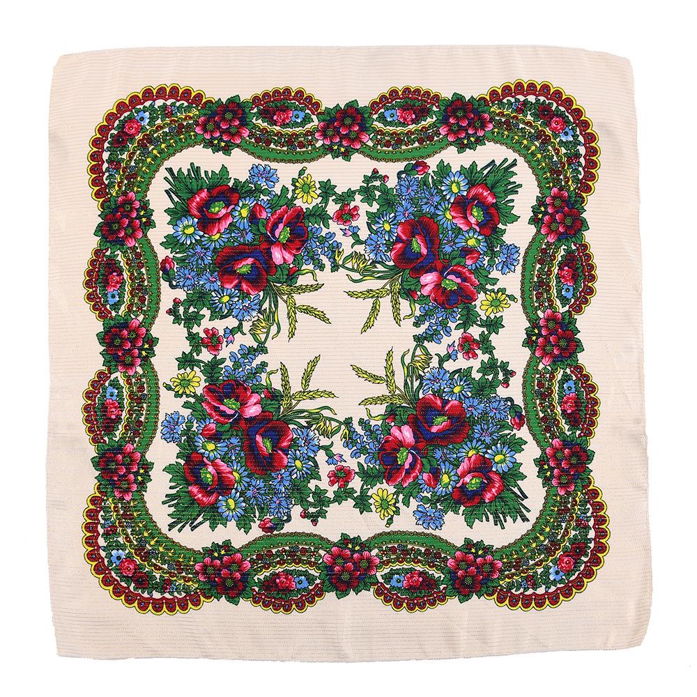 70*70cm Gold Thread Floral Print Russian Square Scarf for Women