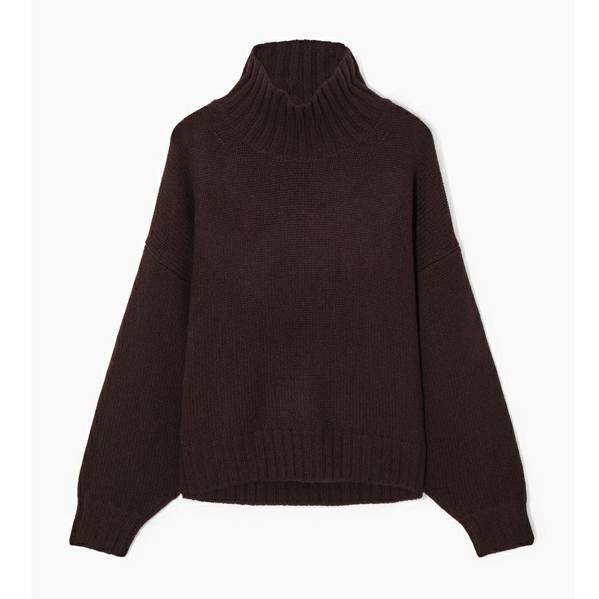 

Женский свитер-кокон темно-коричневого цвета с воротником-стойкой 2023 года — повседневный свободный крой на осень/зиму Medium