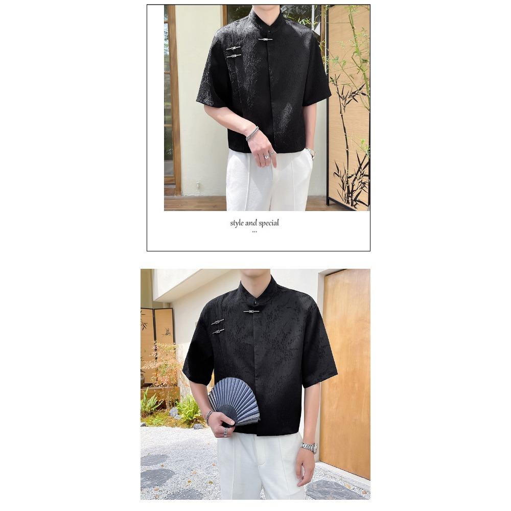 Summer New Chinese Style Jacquard Short Sleeved Shirt Men's New Loose Chinese Style Stand Up Collar Shirt
