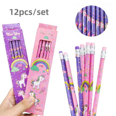 12 Adet Sevimli Karikatür Unicorn Renkli Ahşap Kalem Siyah HB Kurşun Öğrenci Kırtasiye Hediye