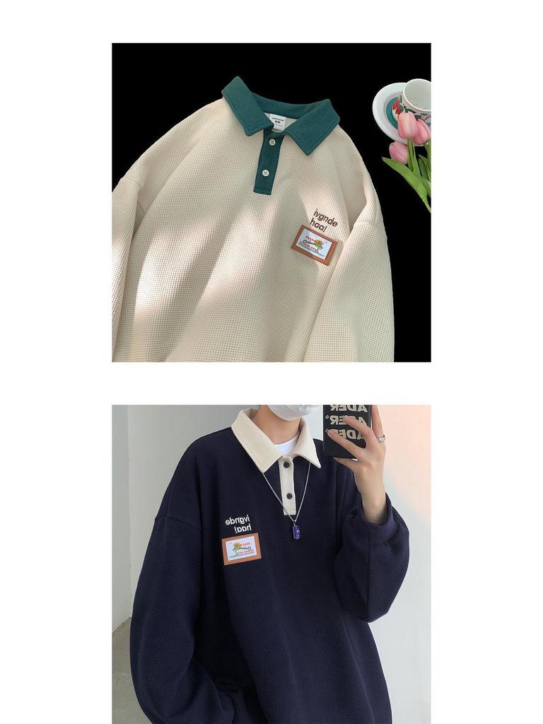 Męska koszulka polo wafelkowa w stylu vintage retro - luźny krój, kołnierzyk z klapami, na wiosnę/jesień, styl unisex