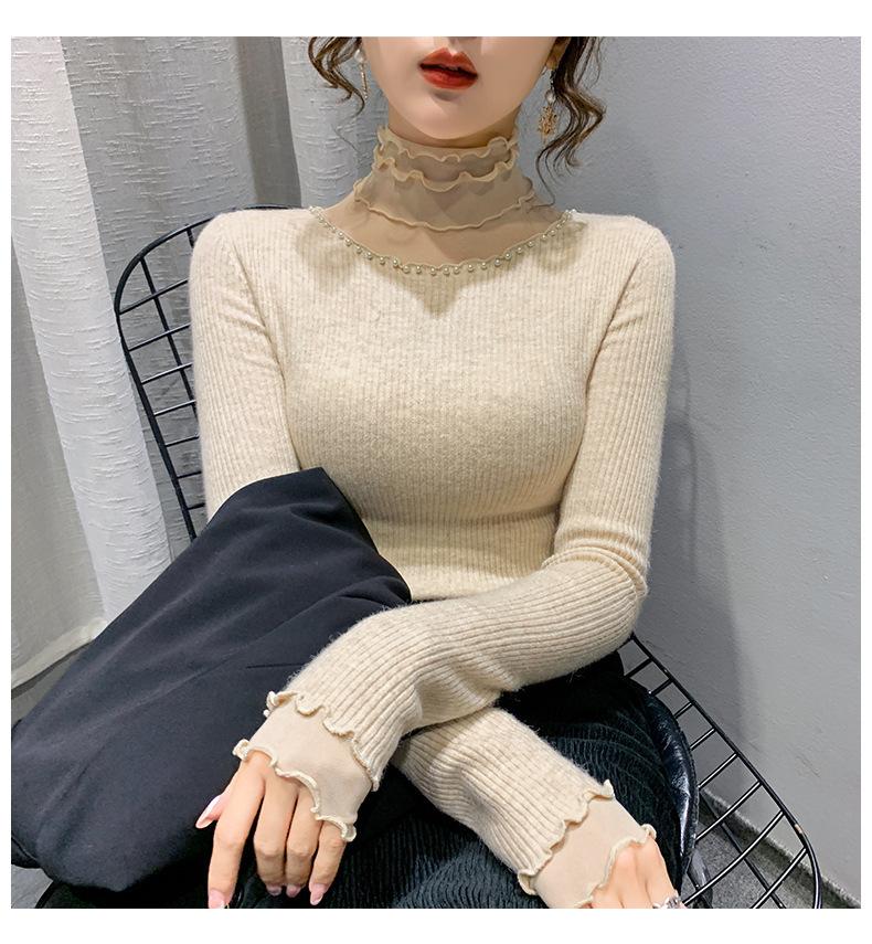 

Осень и зима новая мода приталенный и тонкий темперамент бисер сращивание грибной край вязаный свитер подкладка свитер внутри one size fits all абрикосовый