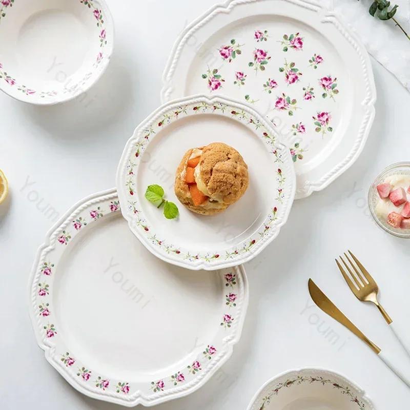 French Style Rose Ceramic Plates Light Luxury Restaurant Dessert Salad Bowls Delicious Dishes Dining Plate Exquisite Tableware