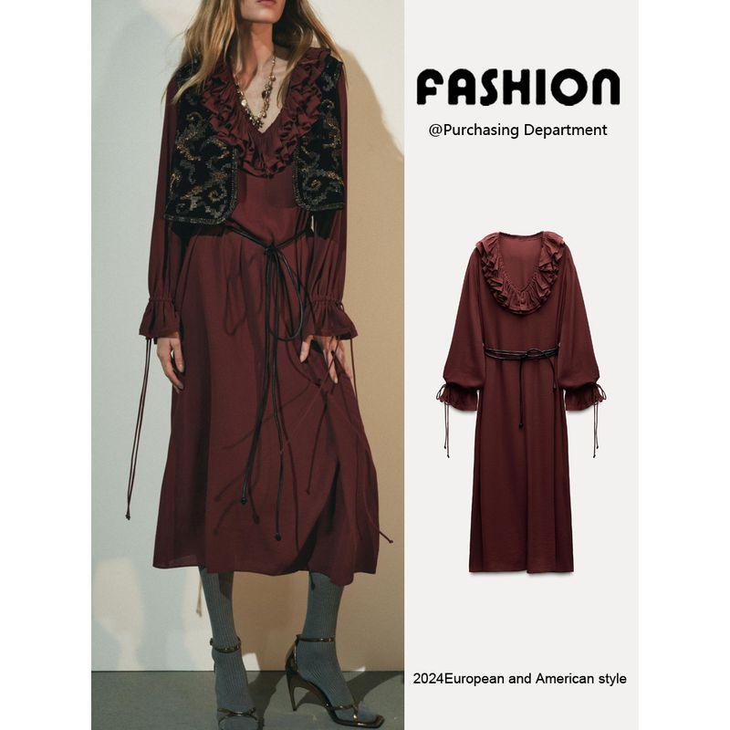 Za2025 Spring New Women's Clothing Fashion Elegant Slim Looking Laminated Decoration Long Sleeves Midi Skirt Dress 2678247
