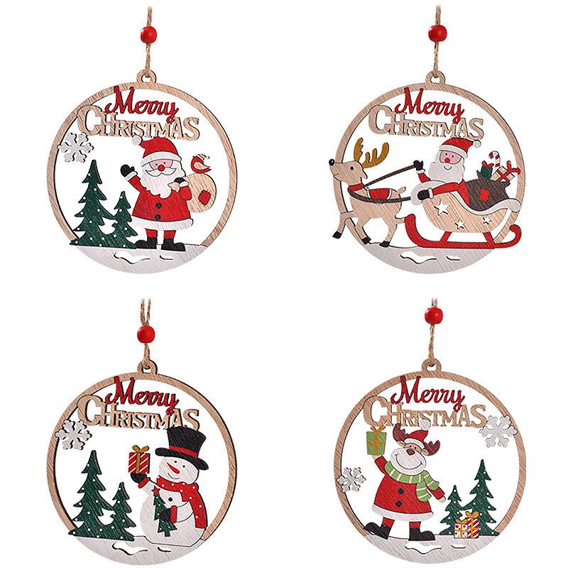 Wooden Christmas Tree Pendant Round Hollow Christmas Ornament Snowman/Santa Claus Elk Hanging Christmas Decoration Farmhouse