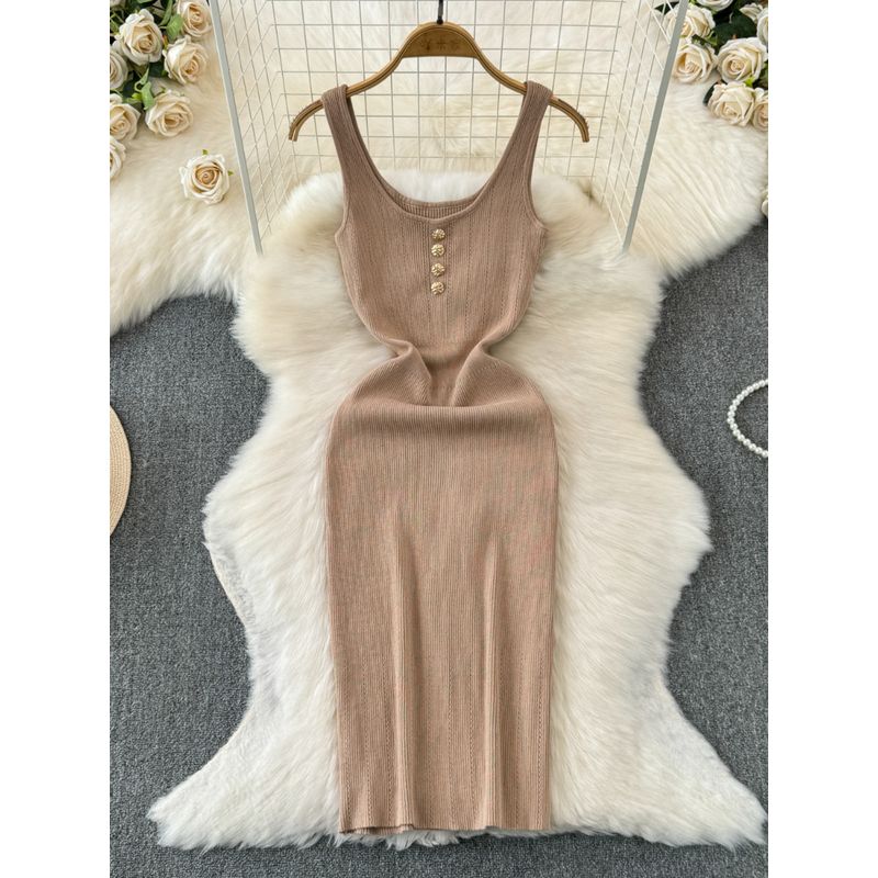 French Style Temperament Knitting Vest Suspender Skirt 2024 Summer Women's Fancy Sleeveless Waist Slim Looking Sheath Dress