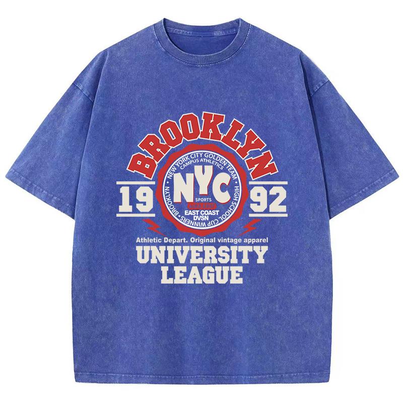 Womens Acid Wash T-Shirts Brooklyn University League Printing Tees Distressed Oversize Cotton Short Sleeve Trend Clothes