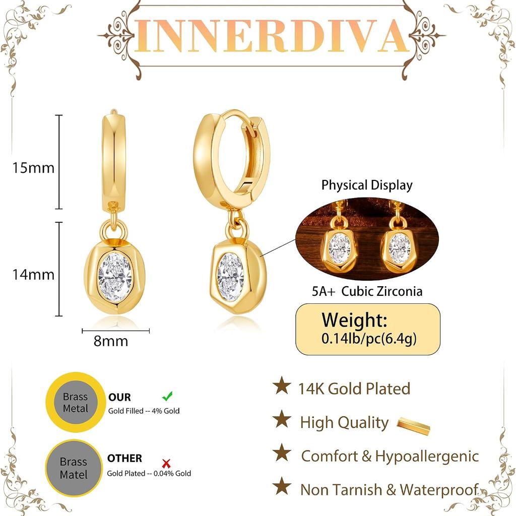 14K Gold Plated Dangle Hoop Earrings for Women Drop Jewelry Gifts | Trendy Chunky Statement Huggie Earring Cubic Zirconia Crystal Charm Lightweight
