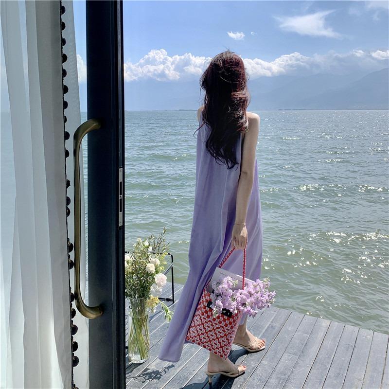 Summer New Sleeveless Casual Loose Purple Dress Women Fashion Plus Size A Line Beach Vacation Dresses Women Solid Pleated Round Neck Long Dress 26368