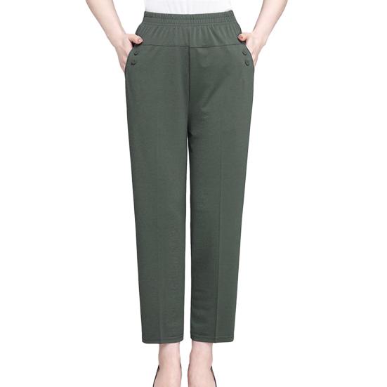High Waist Elastic Waistband Women Pants Button Decoration Pockets Thin Office Lady Straight Wide Leg Trousers