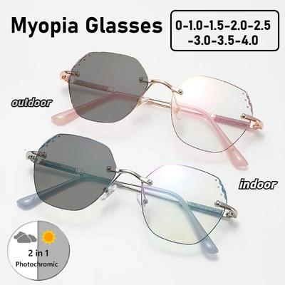 Fashionable Rimless Photochromic Myopia Glasses Premium Light Luxury HD Anti Blue Light Glasses for Clear Vision