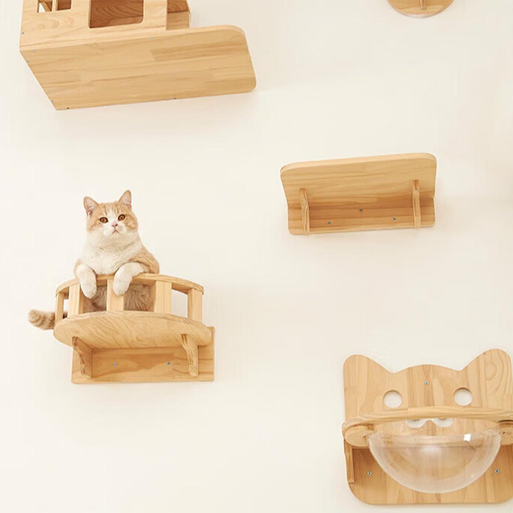 Wandmontierte Katzenregale Holz Katzen Ausguck Kletterregal Kätzchen Wandkletterbaum Möbel Vierstufige Treppe Indoor Katzenhängematte