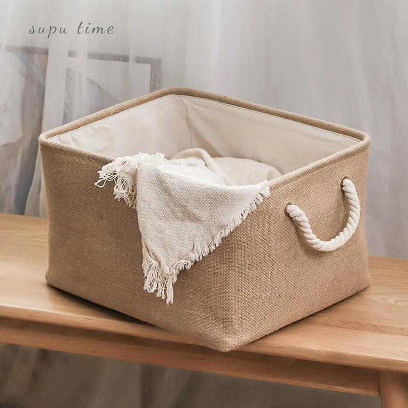 Foldable Linen Storage Basket Large Capacity Cosmetic Miscellaneous Storage Box Coarse Hemp Rope Handle Dirty Clothes Basket Home Organizing Box
