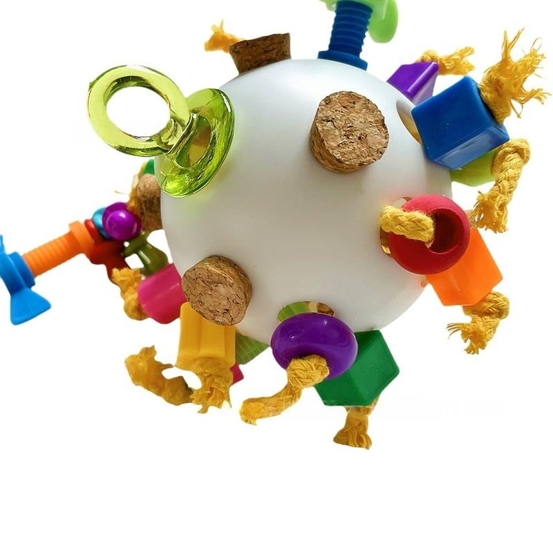 Parrot Puzzle Toy Colorful Foraging Ball with Cork & Cotton Rope Interactive Bird Chewing Toy for Large Parrots Stress Relief