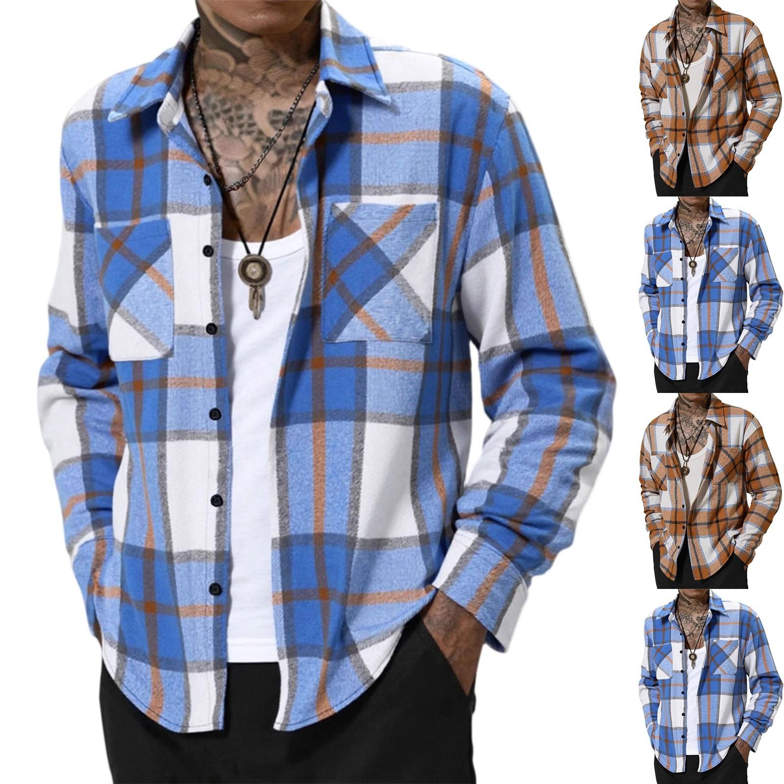 

Men s Casual Long-Sleeve Shirt - Plaid Turn-Down Collar Double-Pocket Button-Down Versatile Dress Shirt XL хакі