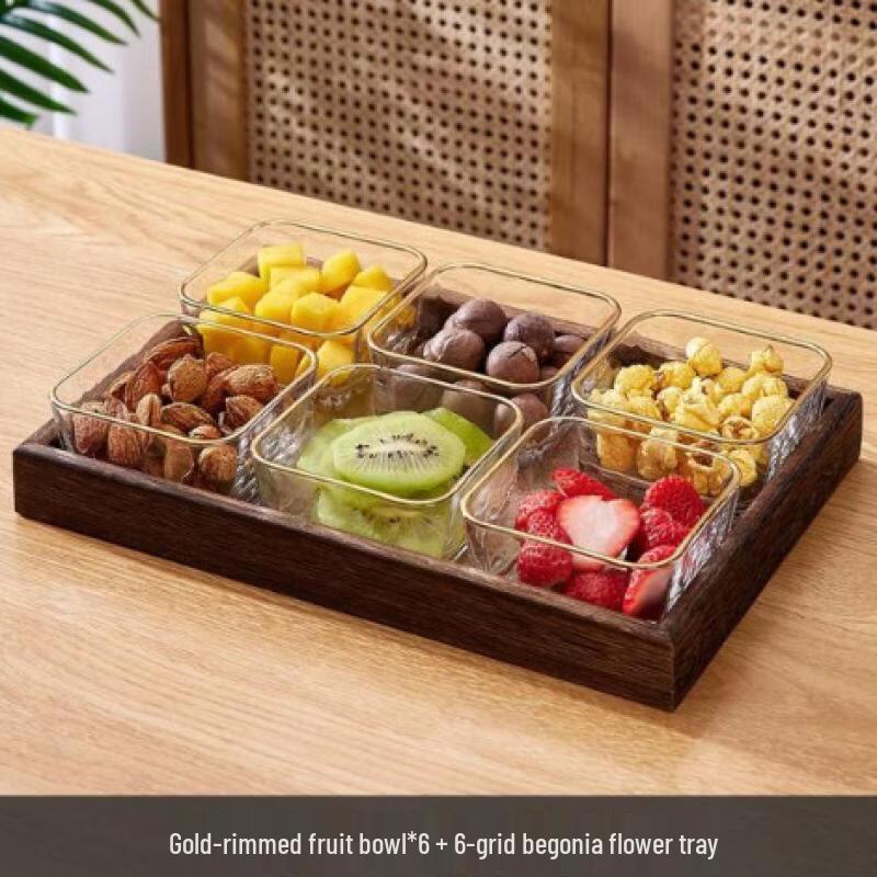 

Gold Rim Glass Fruit Plate Set with Paulownia Wood Tray