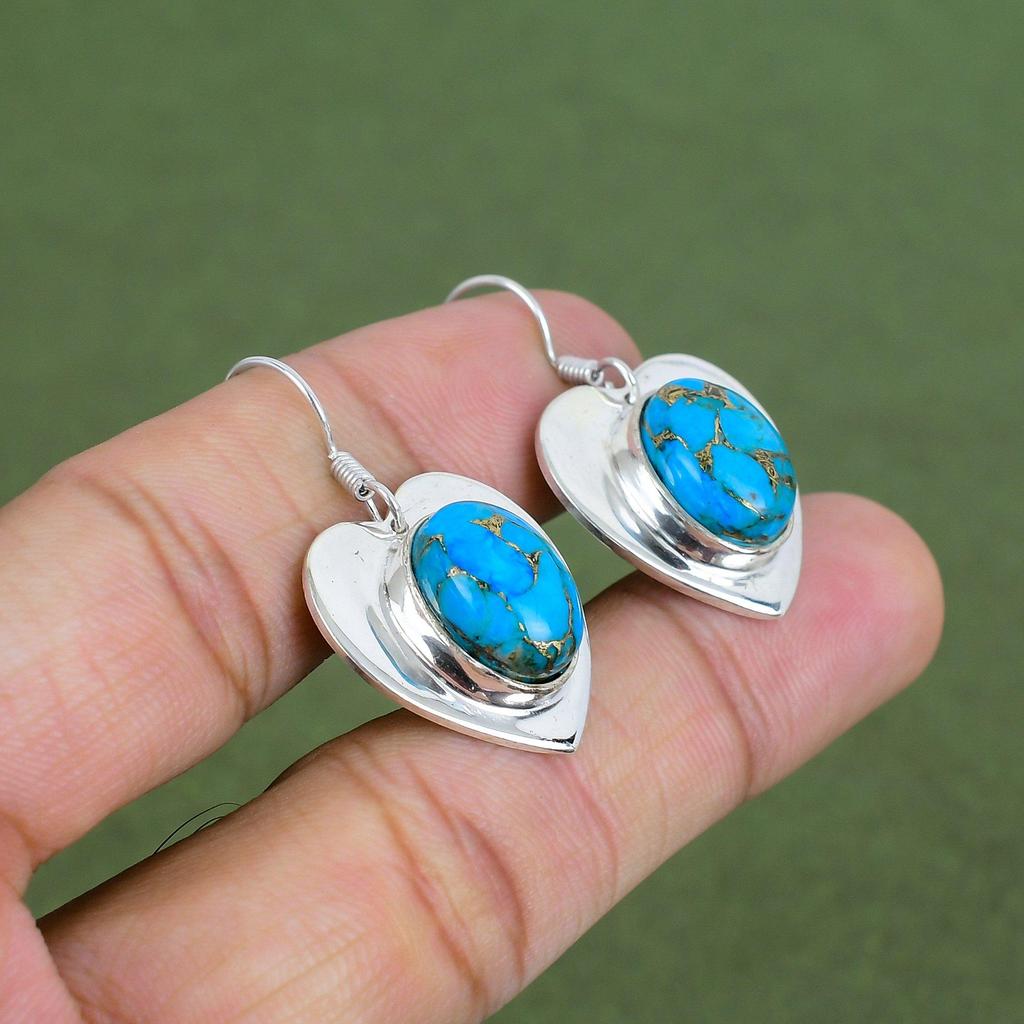 Copper Blue Turquoise Earring 925 Sterling Silver Earring Original Gemstone Earring Handmade Jewelry Unique Style Earrings Engagement Gifts