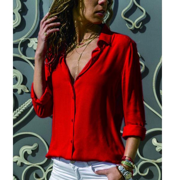 2025 Spring/Summer Women's Solid Deep V Button Long Sleeve Shirt