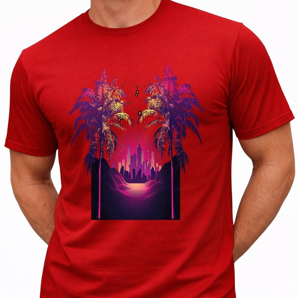 Synthwave T Shirt Retro 80s Neon Sunset City Palm Trees Vaporwave Tee 4XL