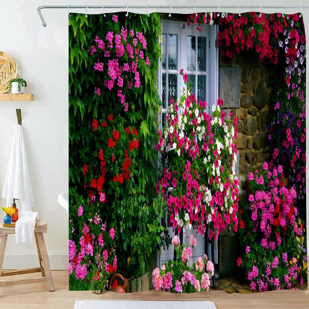 Garden Shower Curtains Arched Door Flowers Plants Floral Bathroom Decorations Nature Scenery Polyester Bath Curtain With Hooks