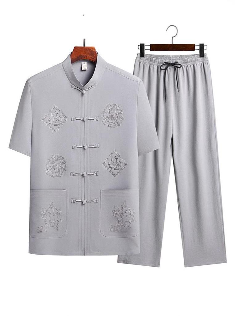 Summer Short-Sleeve Tang Suit Set for Middle-Aged and Elderly Men