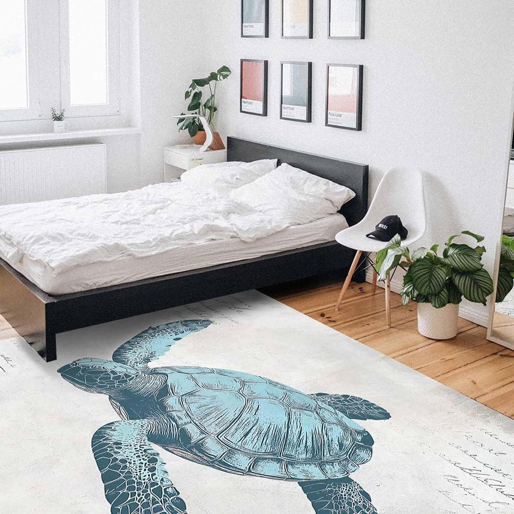 Turtle Washable Area Rugs Blue Ocean Animal Vintage Texture Non Slip Rugs for Living Room Bedroom,Low Pile Floor Mat Large