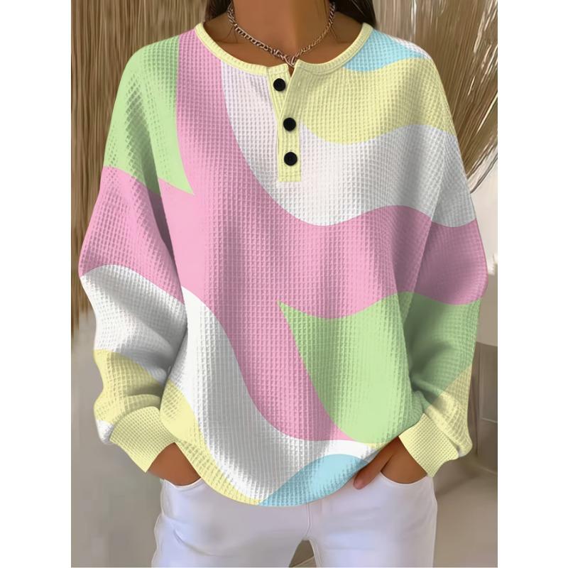 Size Code Women'S Waffle Long Sleeve T-Shirt Macaron Wave Color Block American Retro Print Top