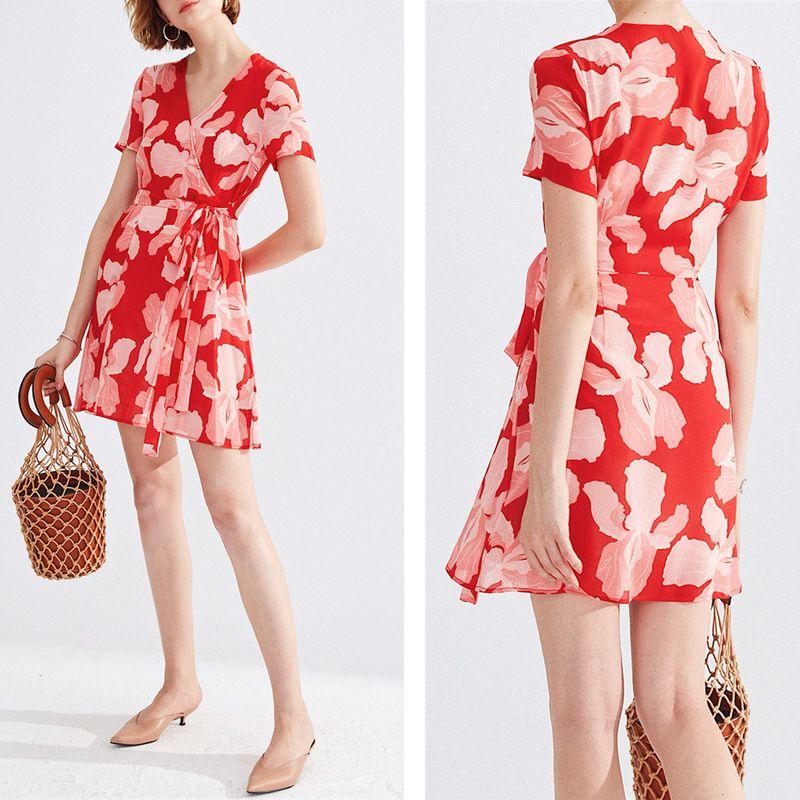 Chiffon Print Dress Fashion European and American Style Model Street Shooting Women's Summer Silm V-neck Belt Short Sleeve Red Flower Skirt