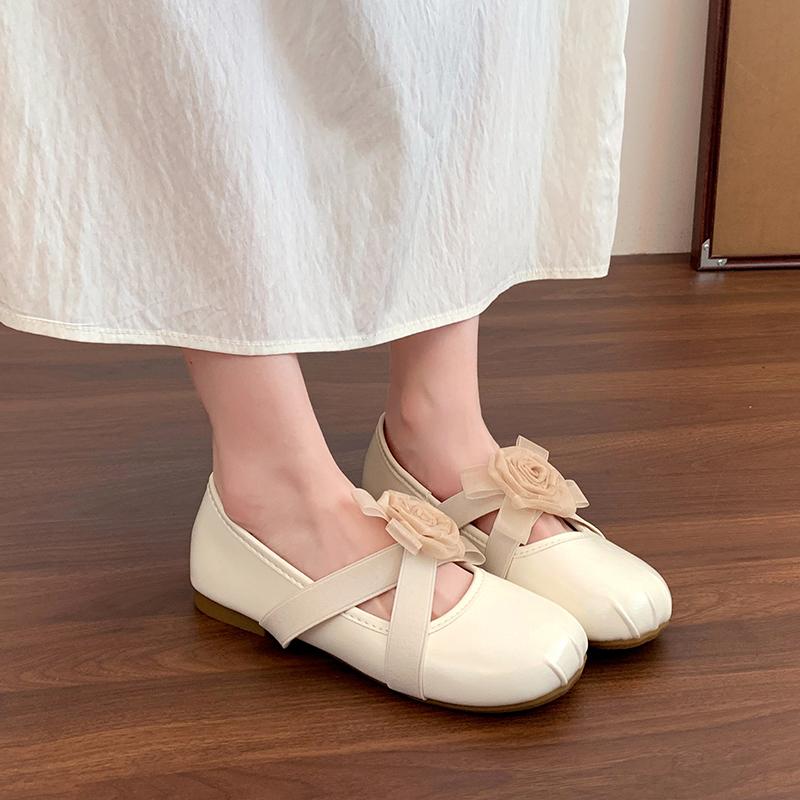Fashion 2025  Women's Cow Leather Pleated Round Toe Slip-on Flats Sweet Flower Elastic Band Cross Strap Slip-on  Thick Low Heeled Shoes