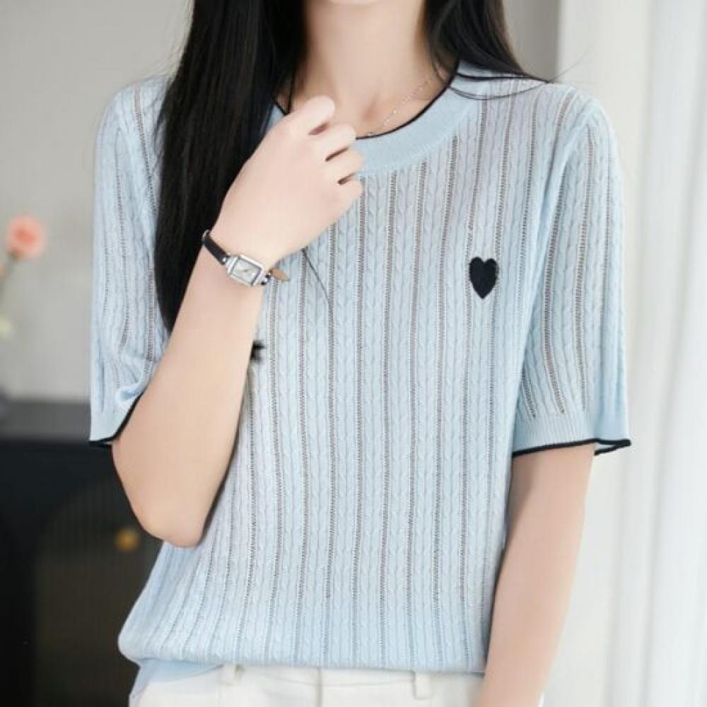 Navava Basic Ribbed Twist Heart Round Neck Short Sleeve Knit Tee Nk3651