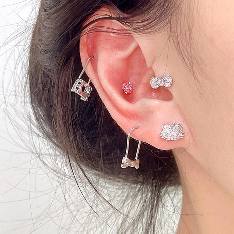 Sanrio Hello Kitty Full Diamond Ear Studs Kawaii Cartoon Cute Anime Earrings Simple All-Match Earring For Girl Jewelry Gifts