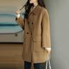 Warm Thickened Woolen Coat for Women Autumn Winter Double Breasted Lapel Flap Pockets Mid Length Loose Fit Overcoat