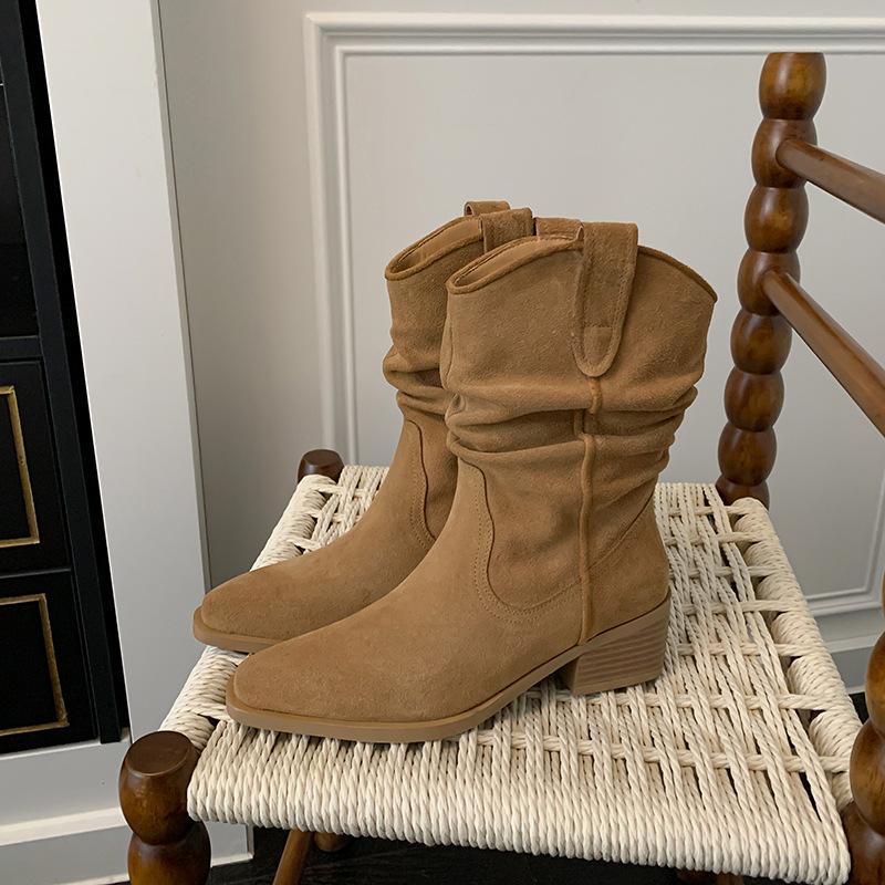 

Maillard Brown Vintage Плиссированные ворсовые сапоги Ковбойские сапоги в стиле вестерн на грубом каблуке Узкие средние рыцарские сапоги 35 хаки