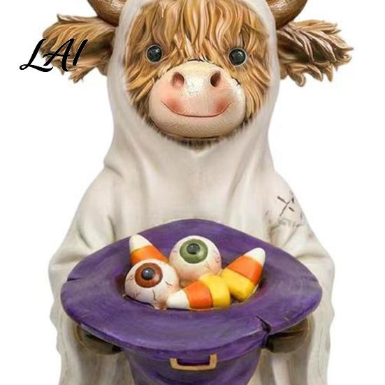 Gothic Animal Statue 3Pcs Halloween Ghost Resin Yak Figurines Highland Cow Statues with Pumpkin Farmhouse