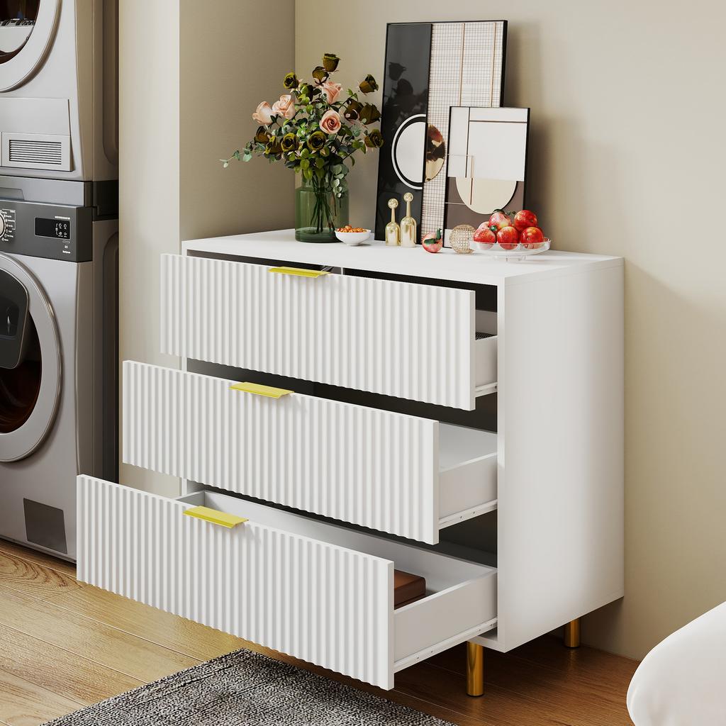 Chest of Drawers with 3 Drawers, Sideboard with Modern Design, Storage Cabinet, White and Gold-H72/B80/T40 cm