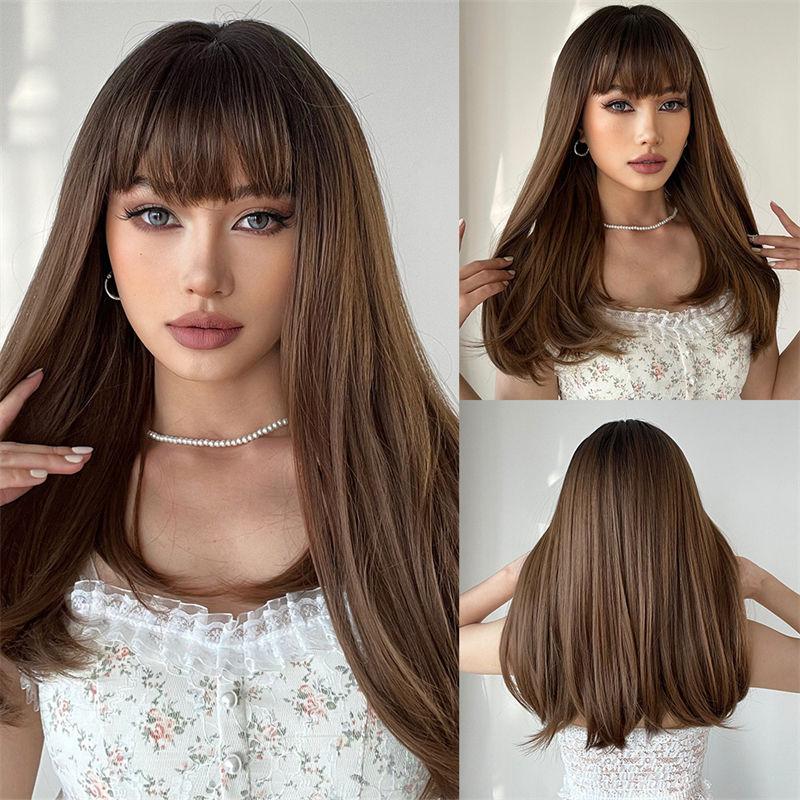 Cover Bangs Gradient Gray Long Silk Wigs High Temperature Chemical Fiber Wig Head Straight Hair