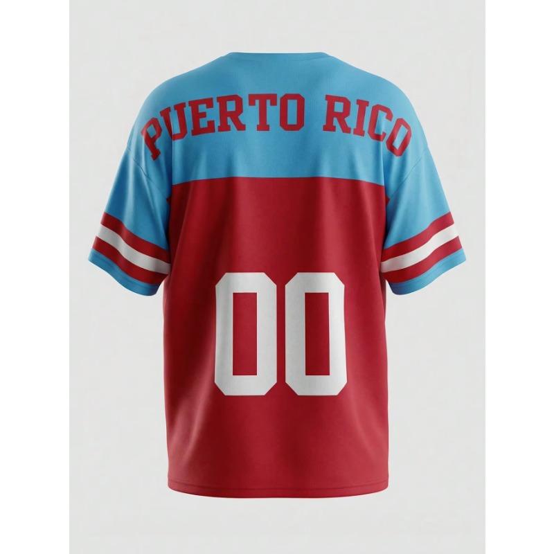 T-shirt Maillot de Sport Rétro Style Porto Rico Rouge et Bleu pour Femme Été Manches Courtes Coupe Ample Sportif Élégant Y2K Streetwear Tee