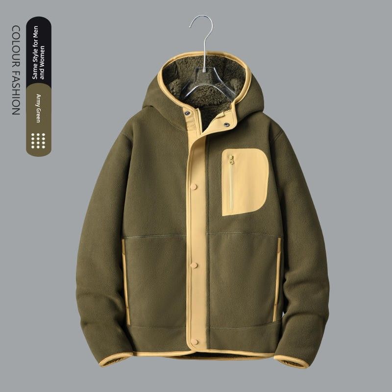 Double-Sided Polar Fleece Hooded Outwear Men Winter Thickening Cardigan Outdoor Fleece Coat Liner Export Men's Clothing Jacket